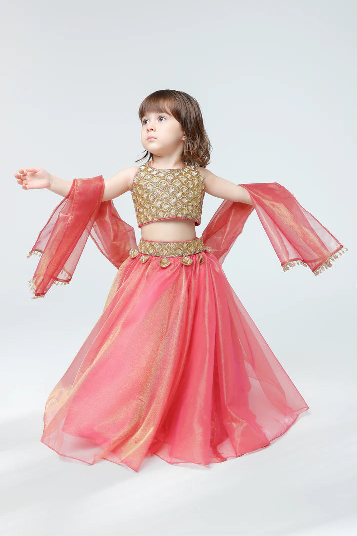 Girls Ethnic Pink Lehenga Choli Set – Golden Embroidered Party Wear
