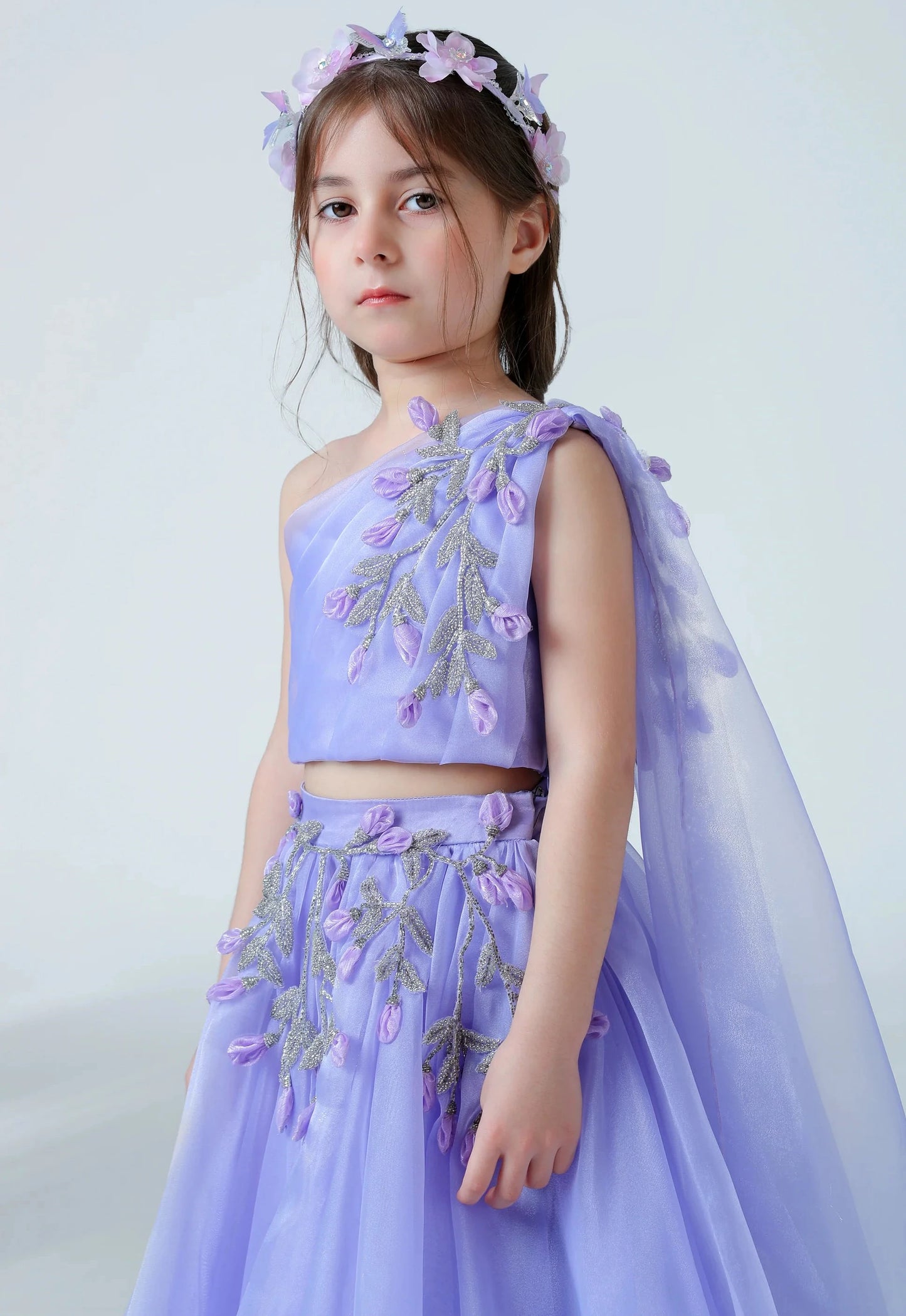 Girls Lavender One-Shoulder Embroidered Gown – Premium Party Wear Dress