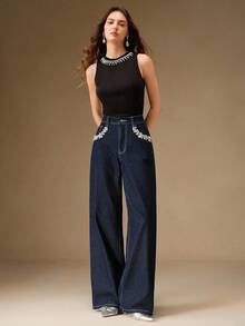 Women Dark Blue High Waist Wide Leg Denim Jeans with Crystal Pocket Embellishment