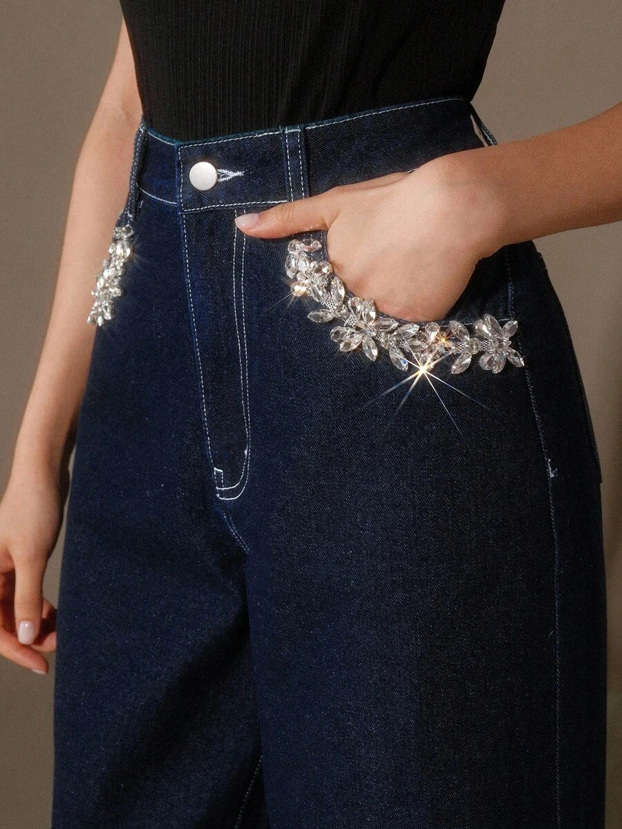 Women Dark Blue High Waist Wide Leg Denim Jeans with Crystal Pocket Embellishment