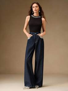 Women Dark Blue High Waist Wide Leg Denim Jeans with Crystal Pocket Embellishment