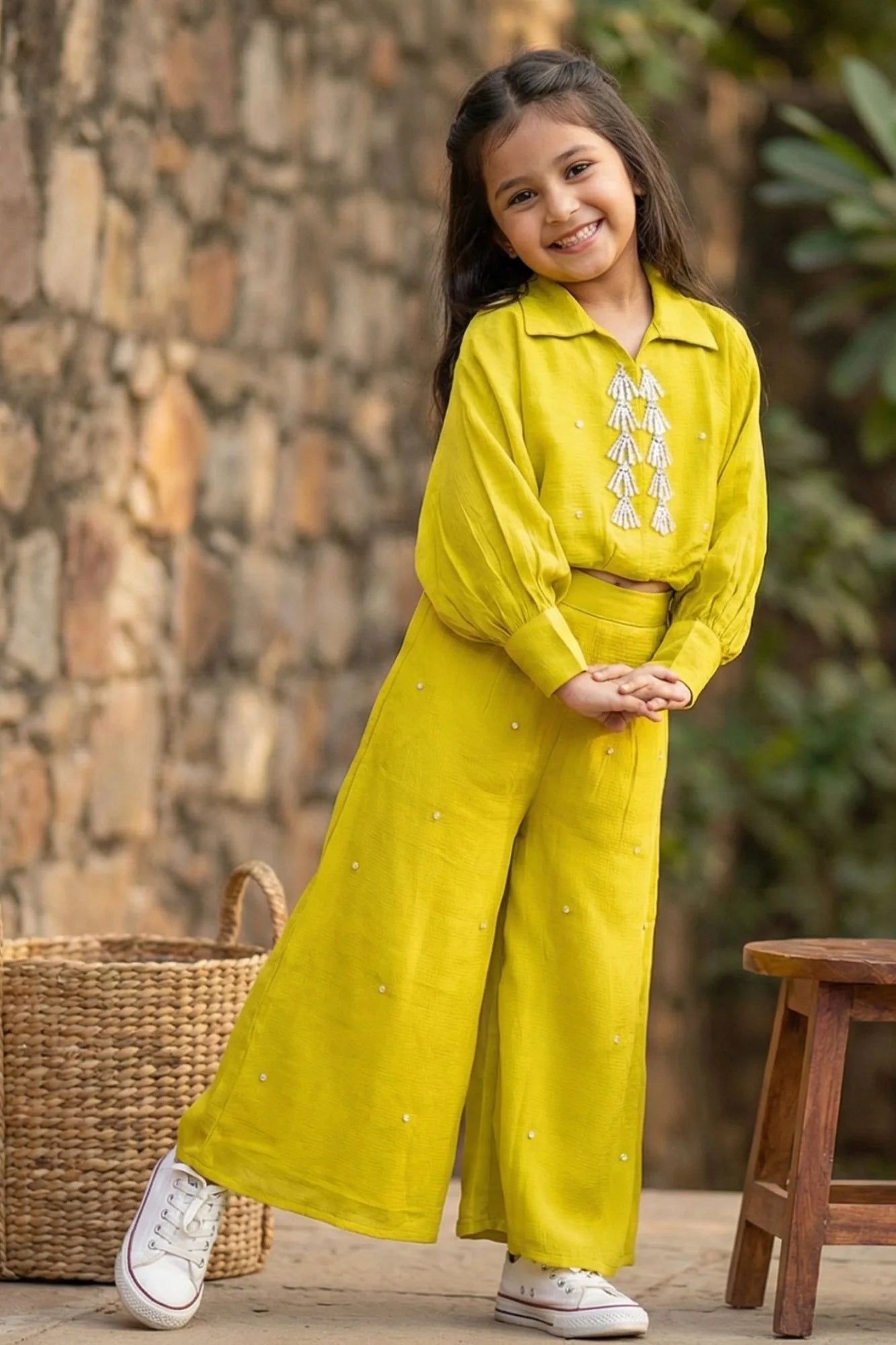 Lime Green Embellished Palazzo Set for Girls