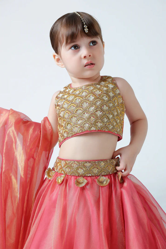 Girls Ethnic Pink Lehenga Choli Set – Golden Embroidered Party Wear