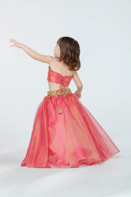 Girls Ethnic Pink Lehenga Choli Set – Golden Embroidered Party Wear