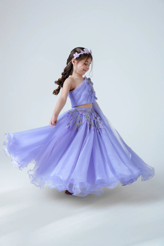 Girls Lavender One-Shoulder Embroidered Gown – Premium Party Wear Dress