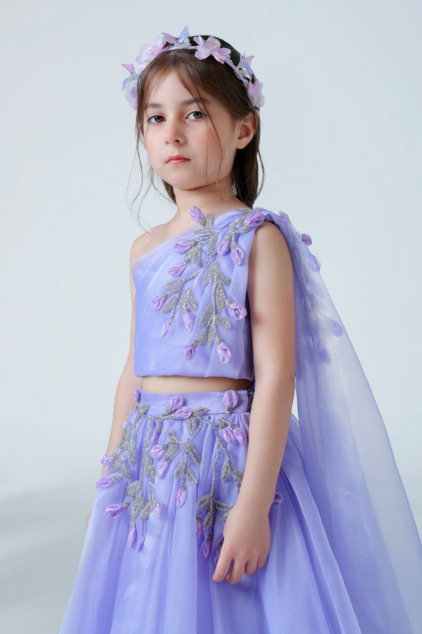 Girls Lavender One-Shoulder Embroidered Gown – Premium Party Wear Dress