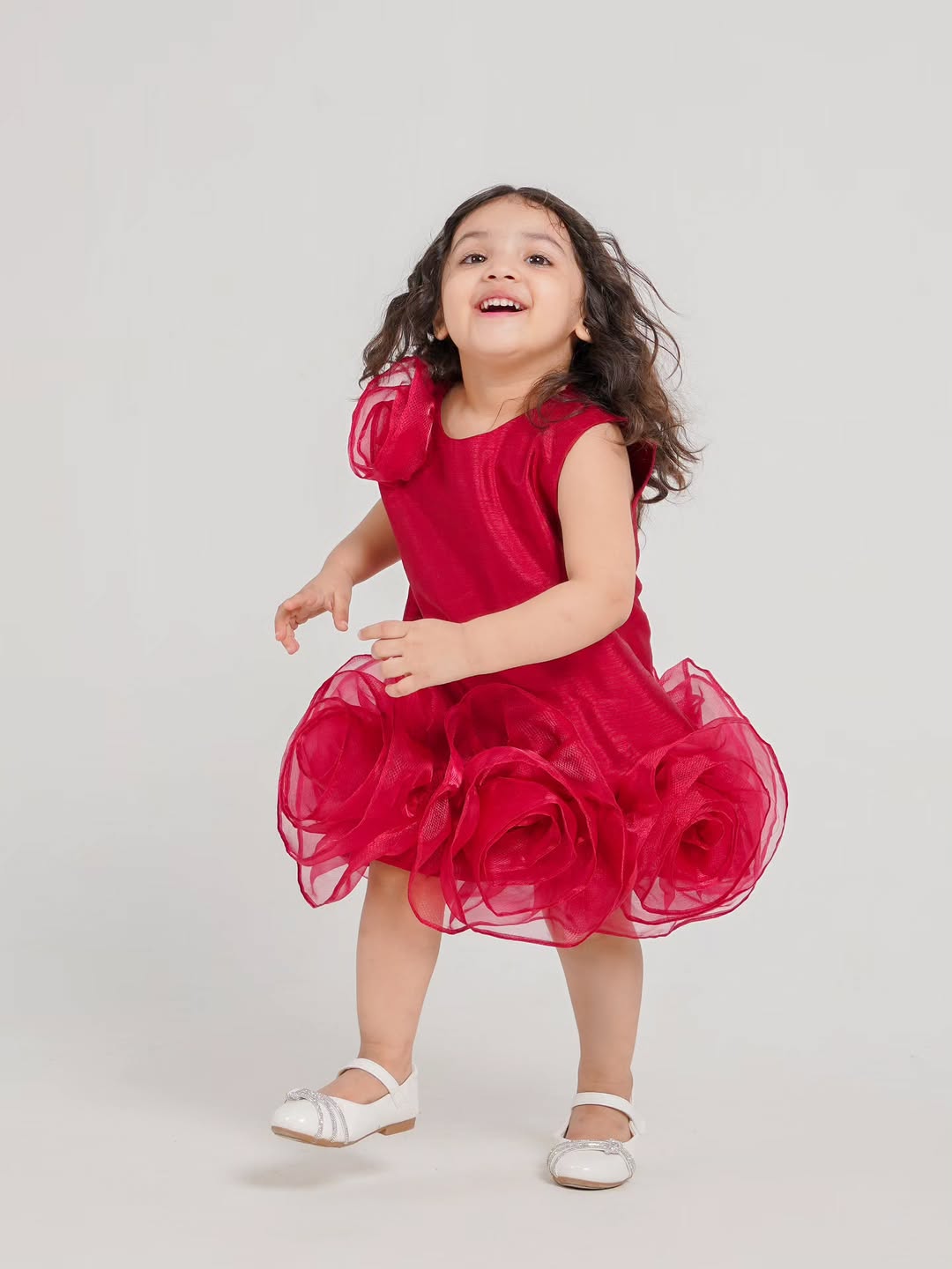 Girls Party Wear Rose Design Frock – Elegant Red Flower Dress