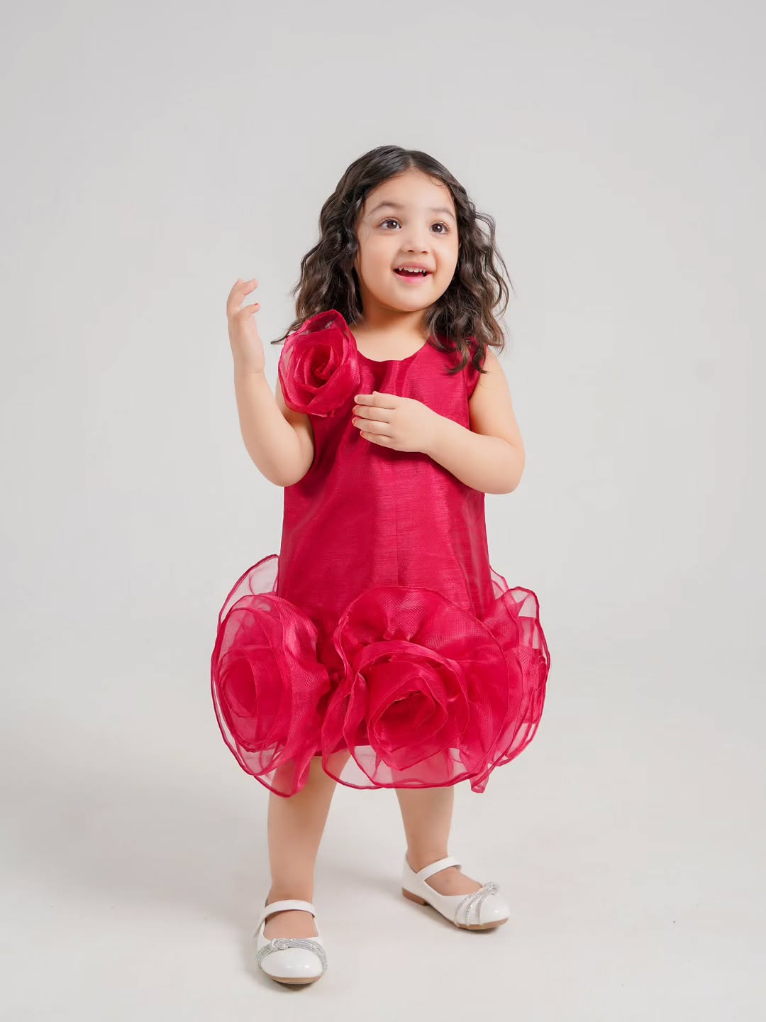 Girls Party Wear Rose Design Frock – Elegant Red Flower Dress