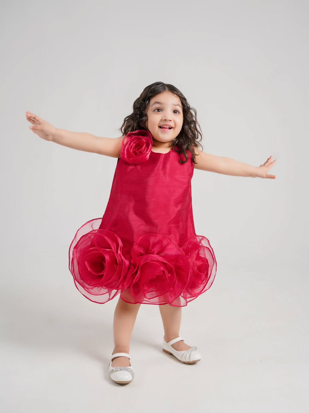 Girls Party Wear Rose Design Frock – Elegant Red Flower Dress
