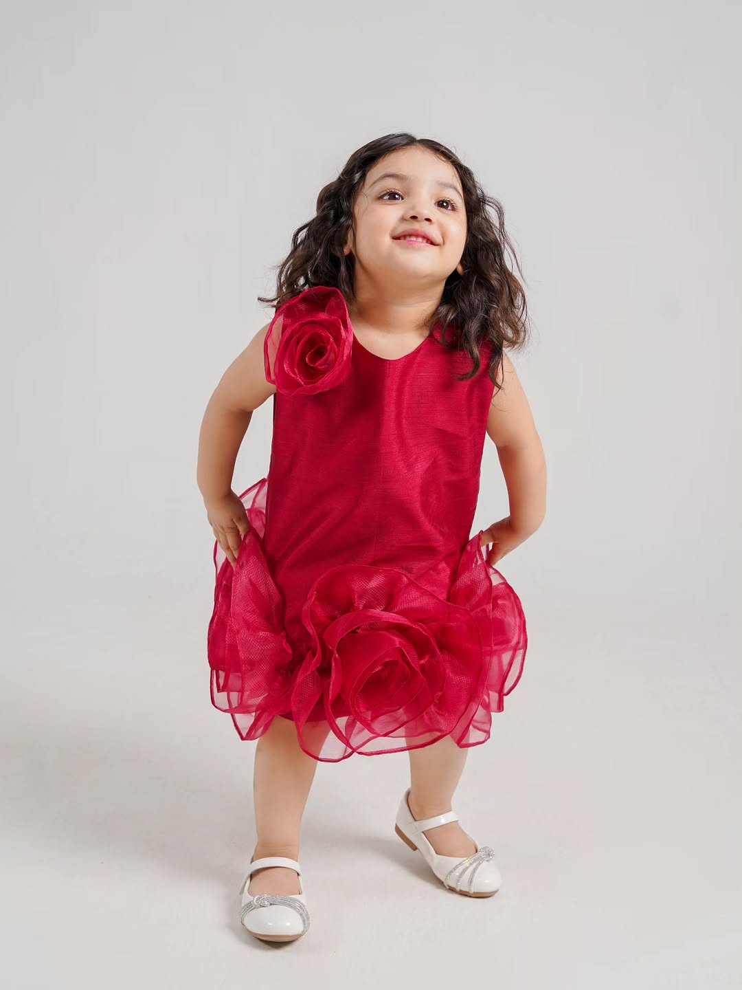 Girls Party Wear Rose Design Frock – Elegant Red Flower Dress
