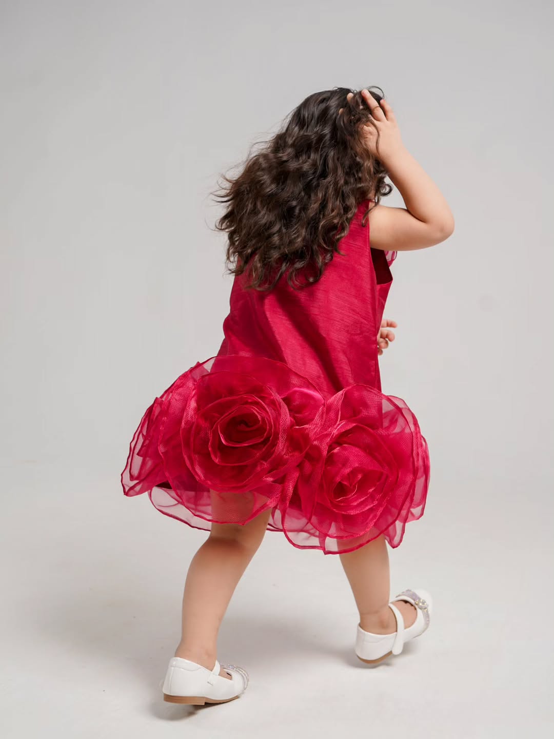 Girls Party Wear Rose Design Frock – Elegant Red Flower Dress