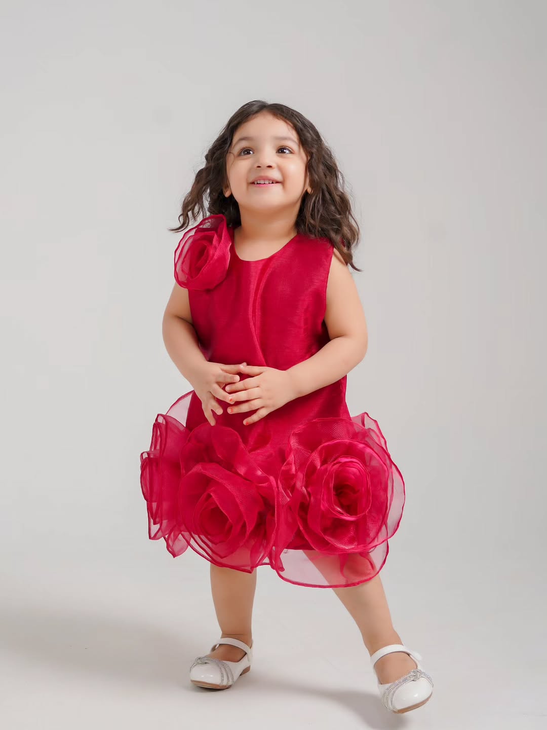Girls Party Wear Rose Design Frock – Elegant Red Flower Dress